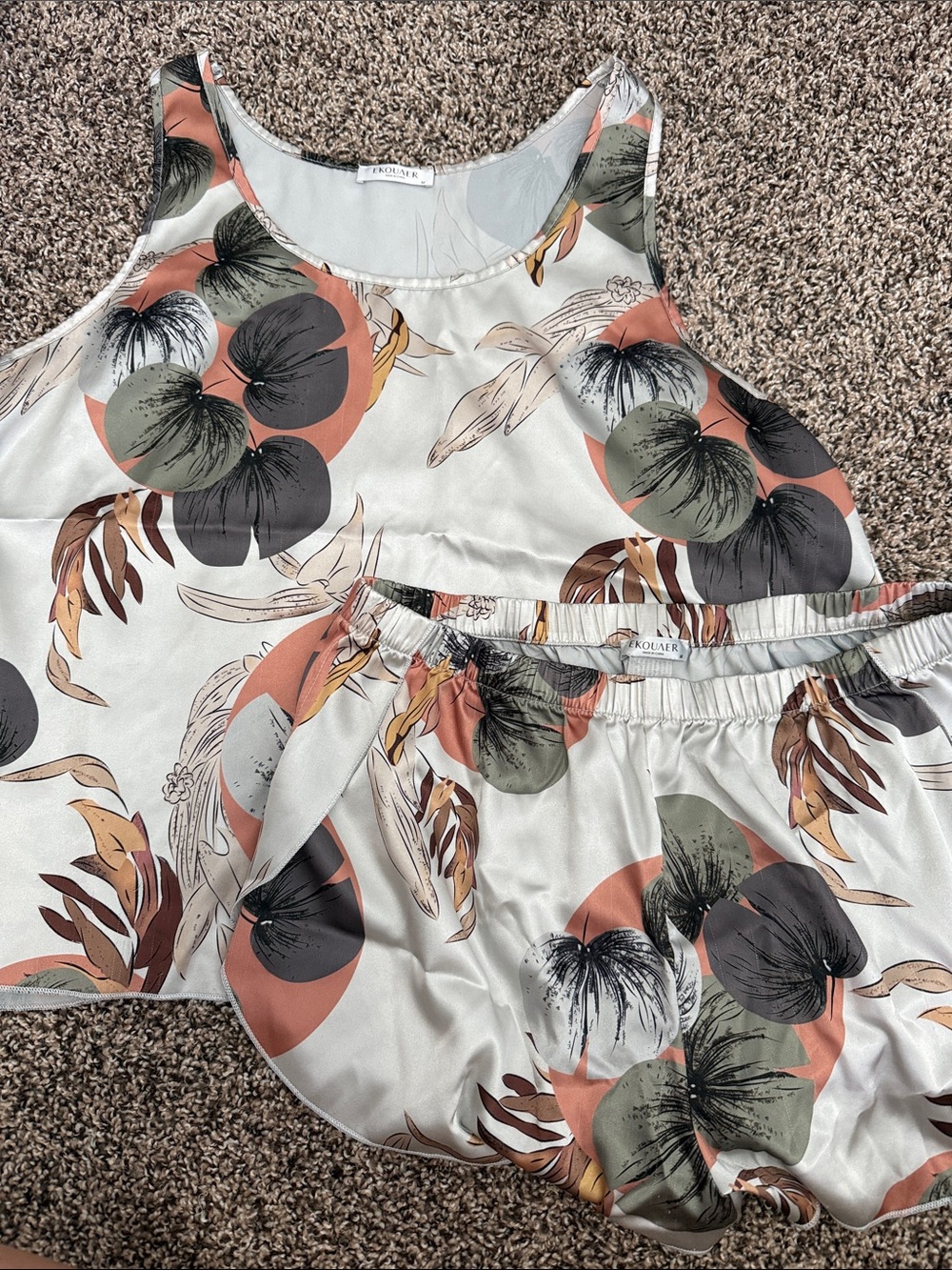 Floral Satin Tank & Short Set - Ivory with Terracotta & Olive